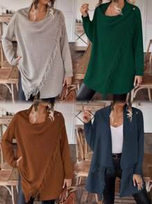 SHEIN LUNE Plus Size Fringe Trim Casual Design Cardigan - Blue - View 1