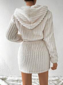 SHEIN Essnce Của phụ nữ Dây kéo Khép kín áo có mũ Áo khoác Và Bộ váy - Màu be - Xem 2