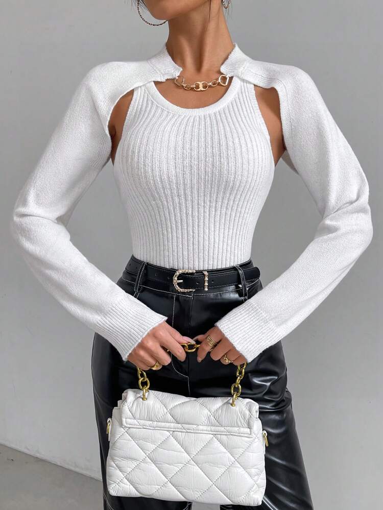 Women's Chain Decorated Ultra Short Sweater And Knitted Vest Top 2pcs/set