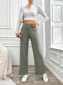 EURMUSE High Waist Flare Leg Pants - Green - View 3