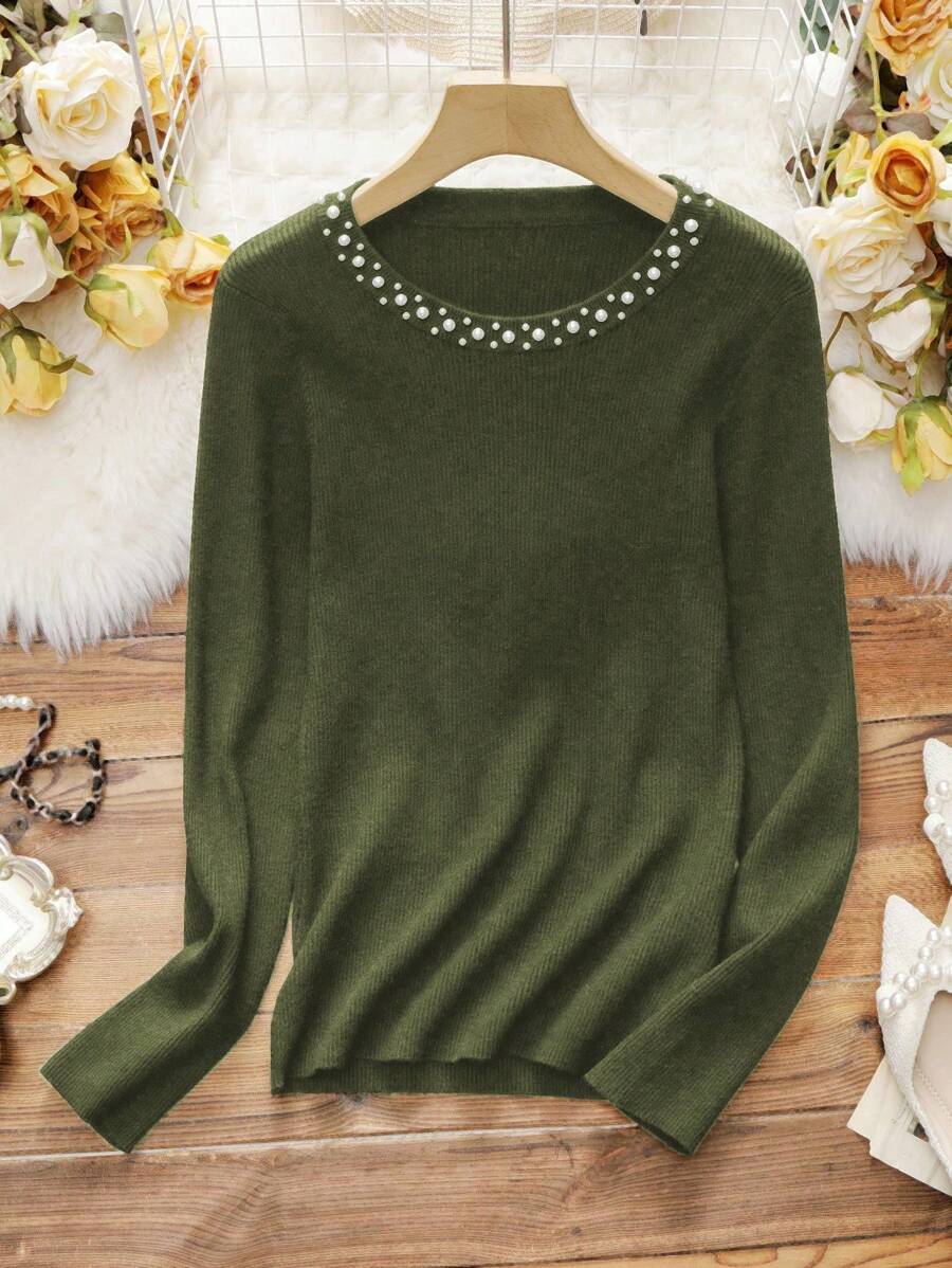 SHEIN Clasi Kích thước lớn Của phụ nữ Kết cườm Tay áo dài Áo len Áo chui đầu - màu xanh lá - Xem 1