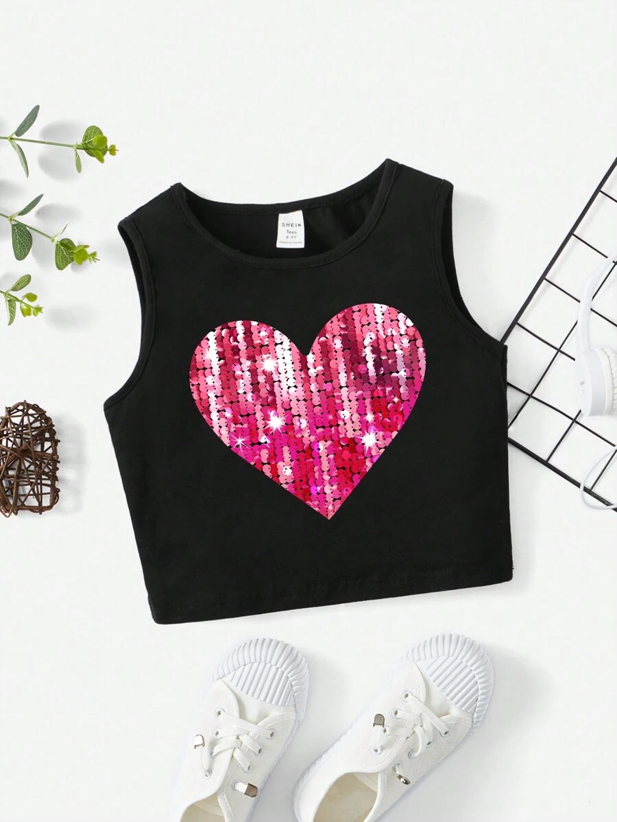 青少女休閒卡通圖案無袖背心,適合夏季穿著 - 黑色 - 查看 1