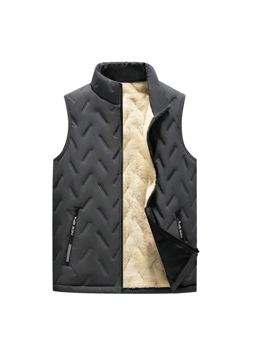 Nam Dây kéo mặt trước Lông cừu Đệm Áo khoác vest - Xám - Xem 1