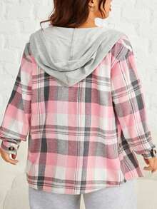 SHEIN Unity Plus Size Women's Checked Drawstring Hooded Coat - Multicolor - View 2
