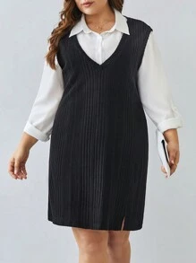 SHEIN Frenchy Plus Size Women's High Slit Knitted Tank Dress And Solid Color Shirt 2pcs/set - Black - View 1