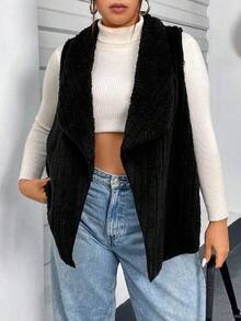 Flirla Plus Size Women's Lapel Collar Vest Coat - Black - View 6