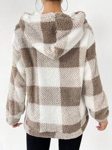 SHEIN Essnce Fuzzy Plaid Drawstring Drop Shoulder Sweatshirt - Multicolor - View 2