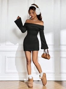 SHEIN EZwear 女士露肩絨毛連身裙 - 黑色 - 查看 3