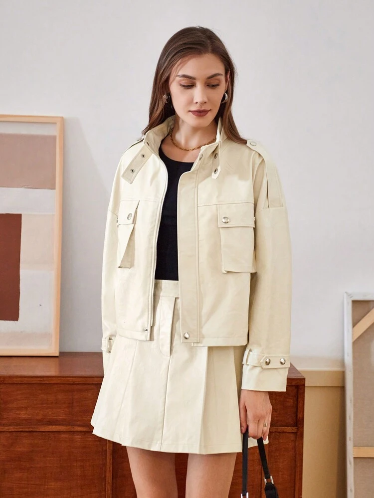 Women'S Drop Shoulder Jacket With Flap Pockets And Skirt Set Fall Cloth For Women