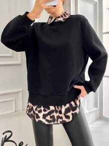 Cloudara Plus Size  Leopard Print 2 In 1 Sweatshirt - Black - View 1