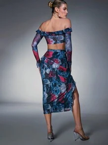 Hauture Floral Print Ruffle Top & Skirt Two Pieces Set - Multicolor - View 2