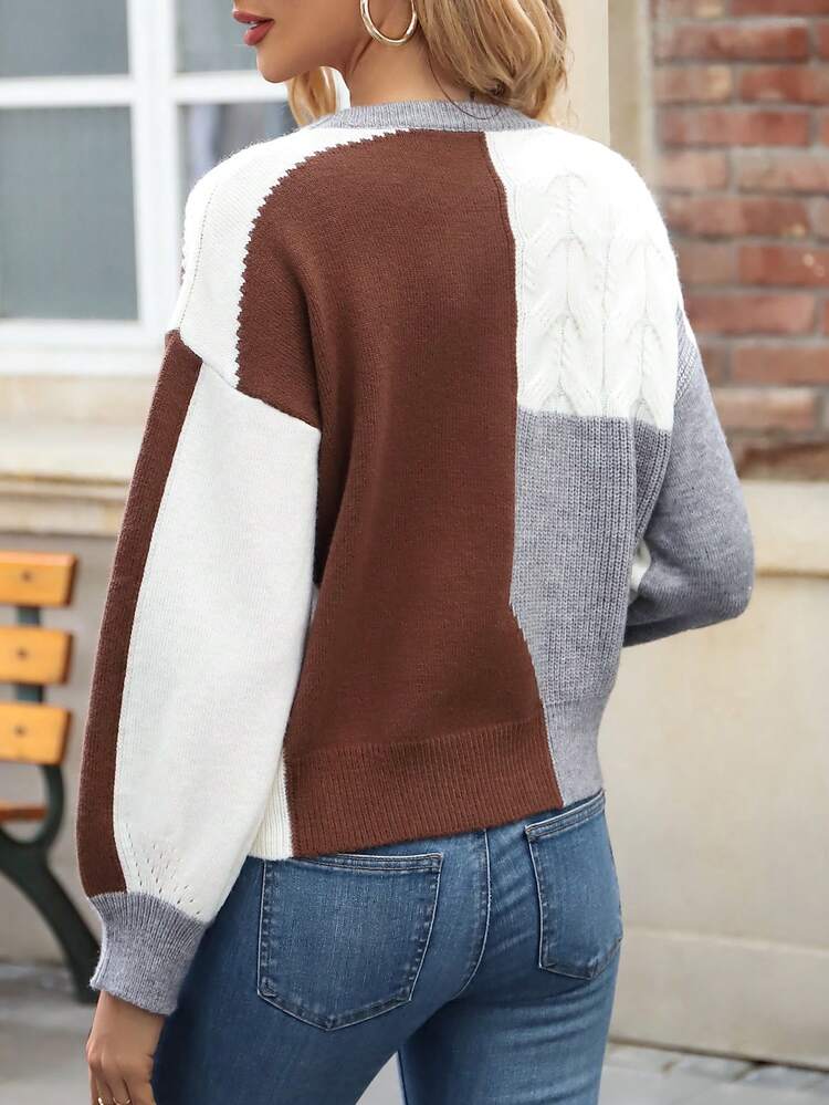 Round Neck Color-Blocking Drop Shoulder Knit Pullover Fall Winter Sweater