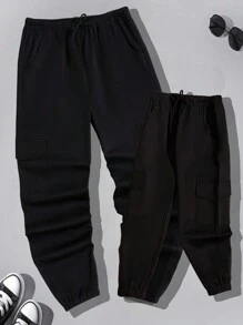 SHEIN Pantalones Tipo Jogger Tipo Cargo Con Bolsillo Utilitario Para Niño Tween Y Puños Elásticos, Se Venden Como 2 Piezas Por Separado - Negro - Ver 3