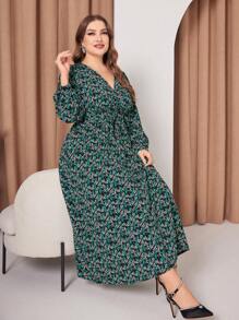Modelyn 大尺碼女款植物印花長袖連身裙 - 墨綠色 - 查看 5