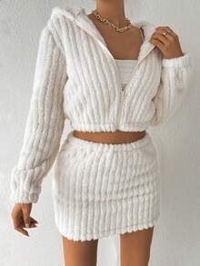 SHEIN Essnce Của phụ nữ Dây kéo Khép kín áo có mũ Áo khoác Và Bộ váy - Màu be - Xem 8