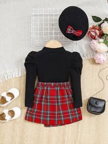 SHEIN 嬰兒女童法式復古風格泡泡袖針織毛衣,彈性腰格紋裙,配套帽子 - 紅色 - 查看 2