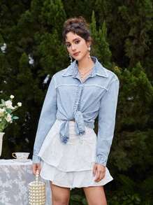 SHEIN MOD Women's Casual Denim Top With Fringe Design - Light Wash - View 2