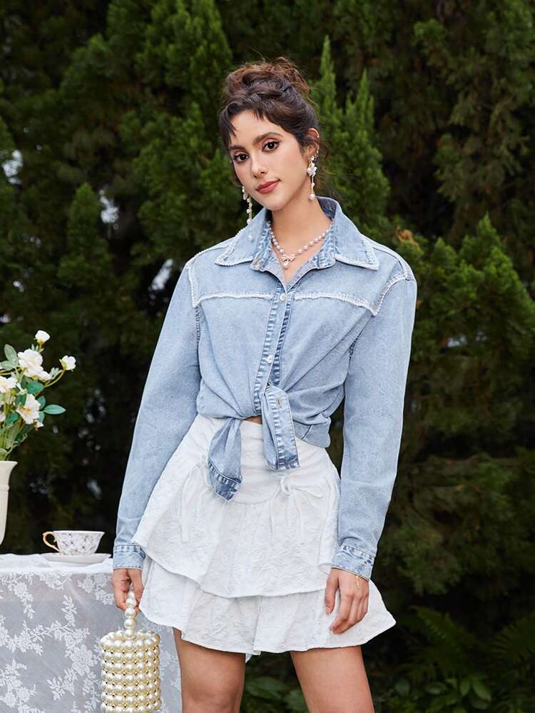 Women's Casual Denim Top With Fringe Design