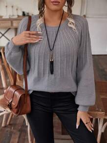 SHEIN LUNE Lantern Sleeve Round Neck Plus Size Sweater, For Winter Knit Pullover Fall Sweater - Grey - View 5