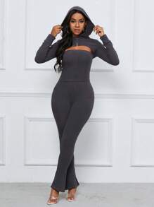Zolique 3-teiliges Set für Damen bestehend aus Zip-Hoodie, Bandeau-Top und schlitzbesetzter ausgestellter Hose - Dunkelgrau - Übersicht 1