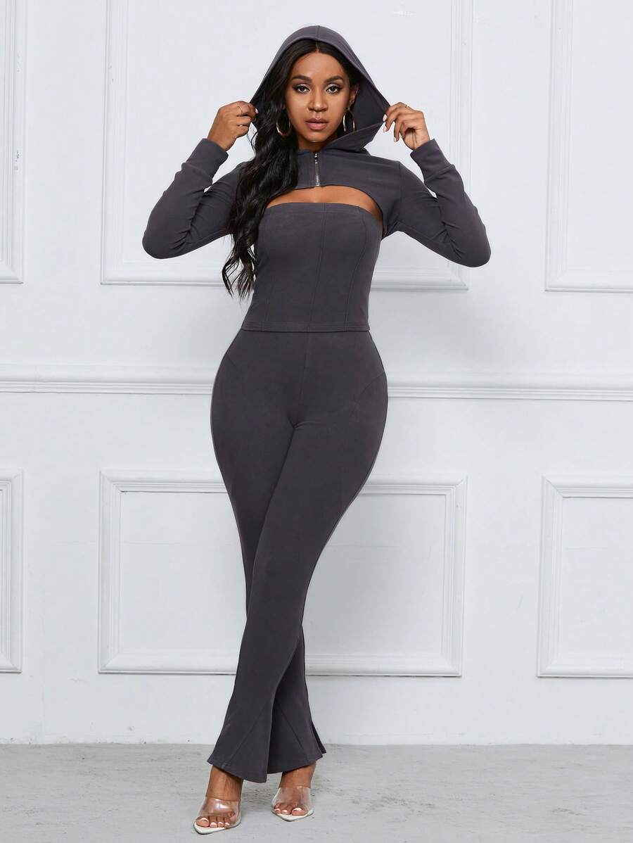 Zolique 3pcs Women's Zippered Hooded Top, Tube Top And Slit Hem Flared Pants Set Fall Cloth For Women - Dark Grey - View 1