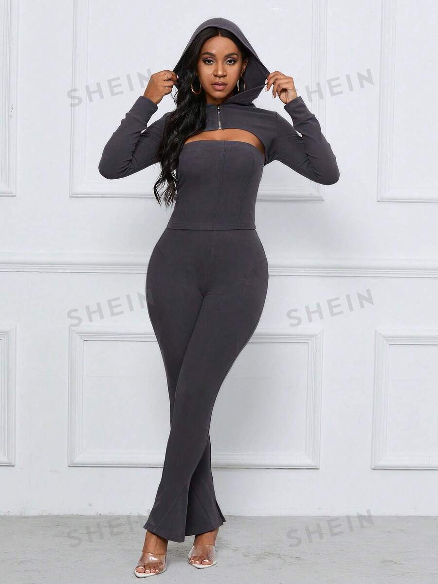 Zolique 3-teiliges Set für Damen bestehend aus Zip-Hoodie, Bandeau-Top und schlitzbesetzter ausgestellter Hose - Dunkelgrau - Übersicht 1
