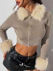 Allurite Của phụ nữ Ngắn Áo len Mở Với Sang trọng Cắt tỉa & Đan Xương sườn Cắt tỉa , Khóa kéo đôi Mặt trước - Màu nâu Sô-cô-la - Xem 4