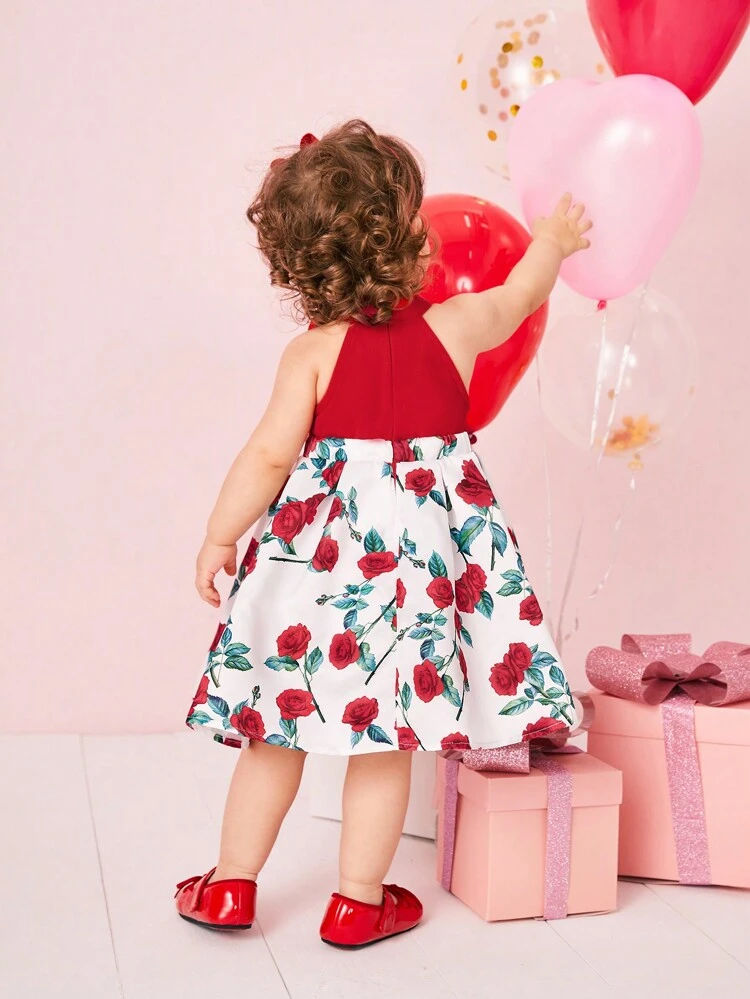 Baby Girls' Elegant Patchwork Rose Print Sleeveless Dress