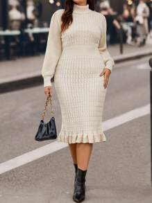 SHEIN Clasi Women's Plus Size Sweater Dress With Ruffled Hem And Collar - Apricot - View 3