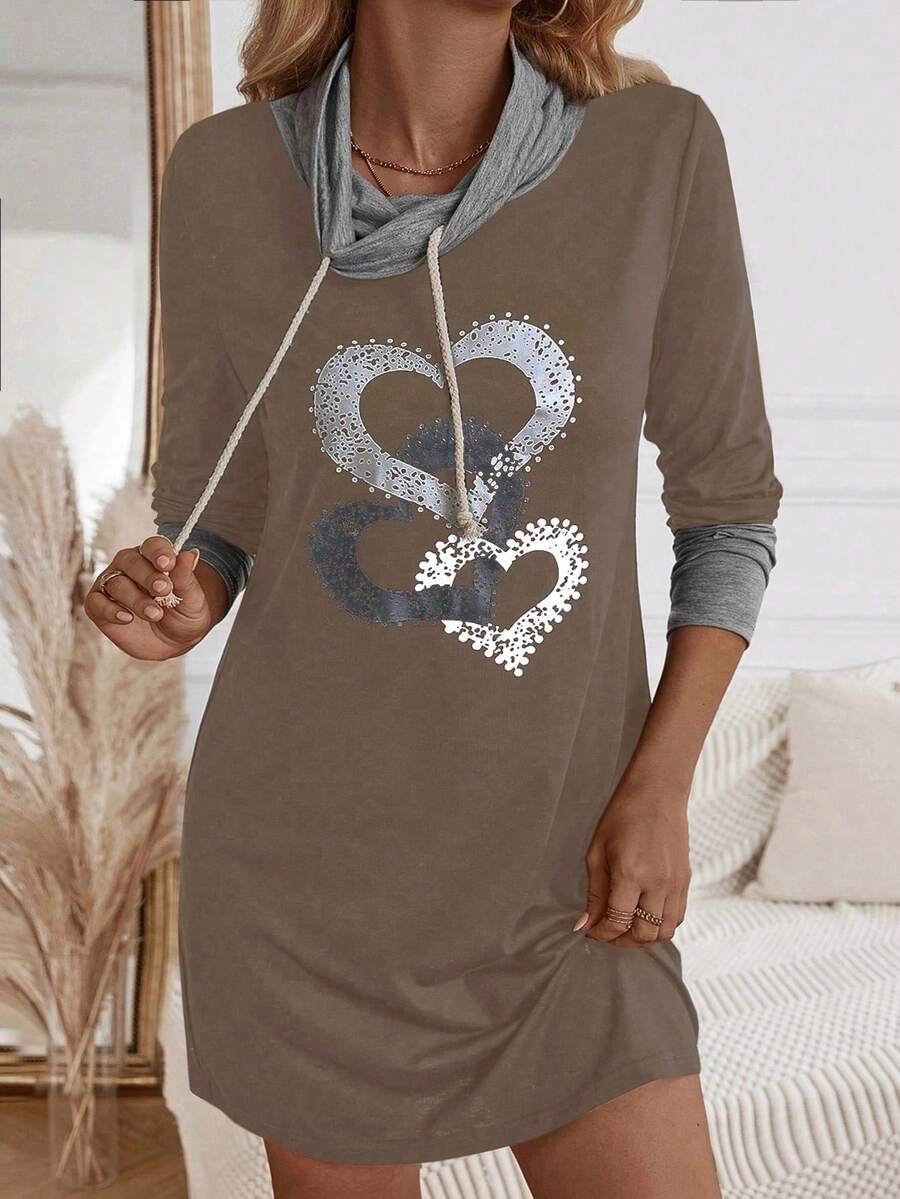 SHEIN LUNE Của phụ nữ In Trái tim Tay áo dài Dây rút Đầm - Màu nâu  Mocha - Xem 1