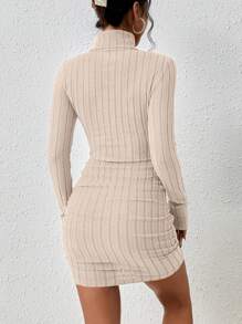 SHEIN Frenchy 女款秋冬高領修身羅紋連身裙 - 米色 - 查看 2