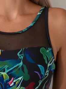 Swim Lushoire Mesh Splicing Holographic Printed Tankini Set Summer - Multicolor - View 4
