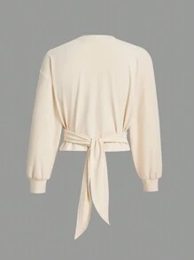 SHEIN Sports Women's Solid Color Round Neck Wrap Front Pleated Athletic Sweatshirt - Apricot - View 12