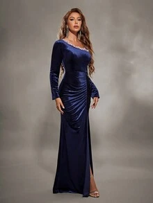 單肩絲絨顏色拼接刺繡褶皺高開叉連衣裙 - 藏蓝色 - 查看 3