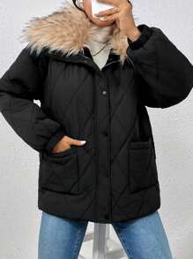 SHEIN LUNE 女士纯色棉袄棉服冬季衣服带口袋、纽扣和毛领装饰 - 黑色 - 查看 5