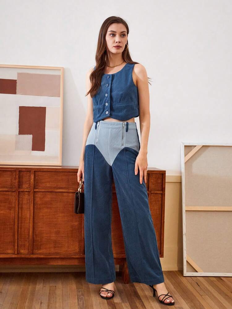 Women's Vintage Sleeveless Top & Long Pants Two Piece Set With Patchwork Design