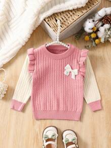 SHEIN Little Girls' Ruffle Trim And Bow Decor Contrast Sweater - Pink - View 1