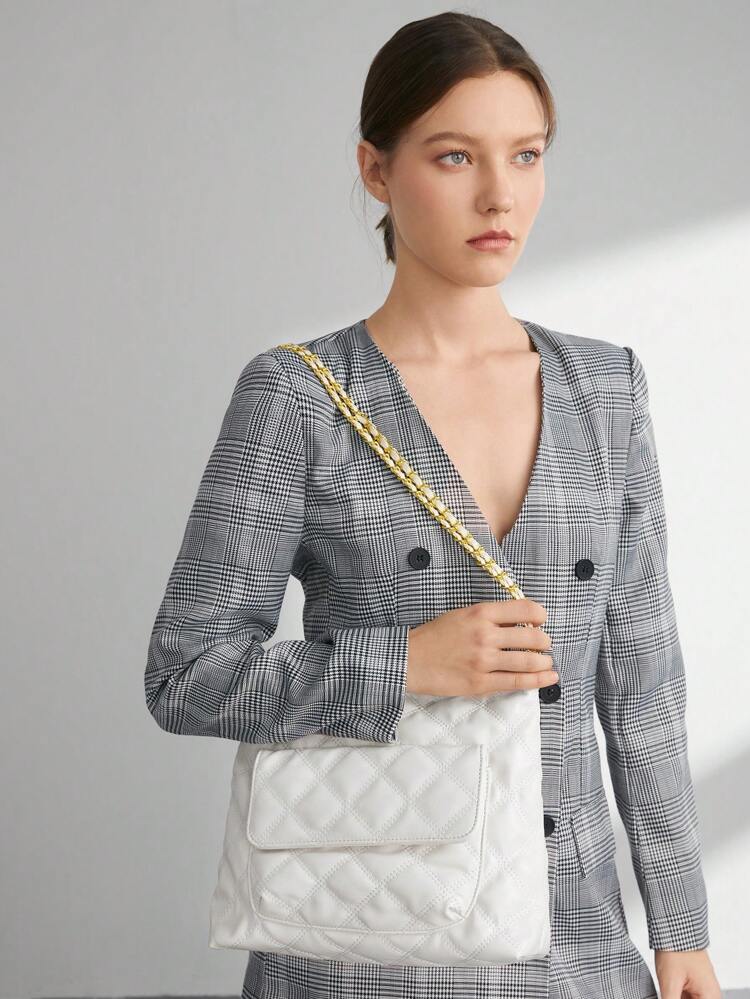 Quilted Pattern Chain White Shoulder Bag