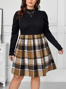 SHEIN Clasi 女士加大碼格紋拼接羊肩袖連衣裙 - 彩色 - 查看 5