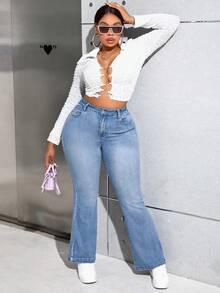 SHEIN Essnce Women's Plus Size Embroidered Flared Jeans - Blue - View 6