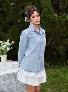 SHEIN MOD Women's Casual Denim Top With Fringe Design - Light Wash - View 6