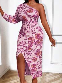 Celure Plus Size Tree Print Asymmetrical Hem Dress - Hot Pink - View 3