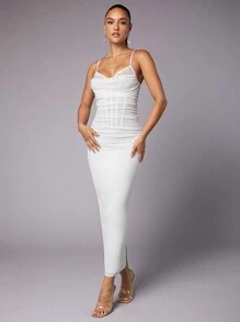 SHEIN BAE 情人節蕾絲吊帶透視露肩白色長款性感女士晚禮服連身裙白色連衣裙 - 白色 - 查看 5