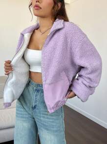SHEIN EZwear Women's Warm And Casual Purple Furry Jacket - Purple - View 6