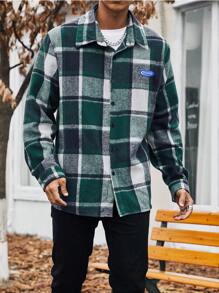Manfinity Homme Men's Plus Size Plaid Woven Shacket With Letter Patches