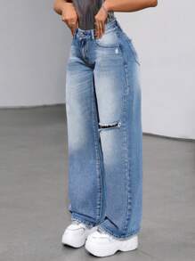 SHEIN ICON Women's Distressed Loose Straight Leg Jeans - Blue - View 2