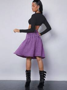 Denimoi Pleated A-Line High Waist Denim Skirt - Purple - View 2
