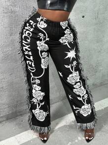 Slaydiva Của phụ nữ Hoa Chữ cái In Sọc Quần - màu đen - Xem 2
