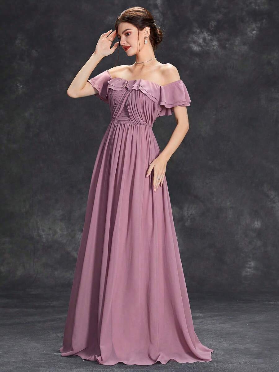 Off Shoulder Ruffle Trim Chiffon Bridesmaid Dress - Redwood - View 1