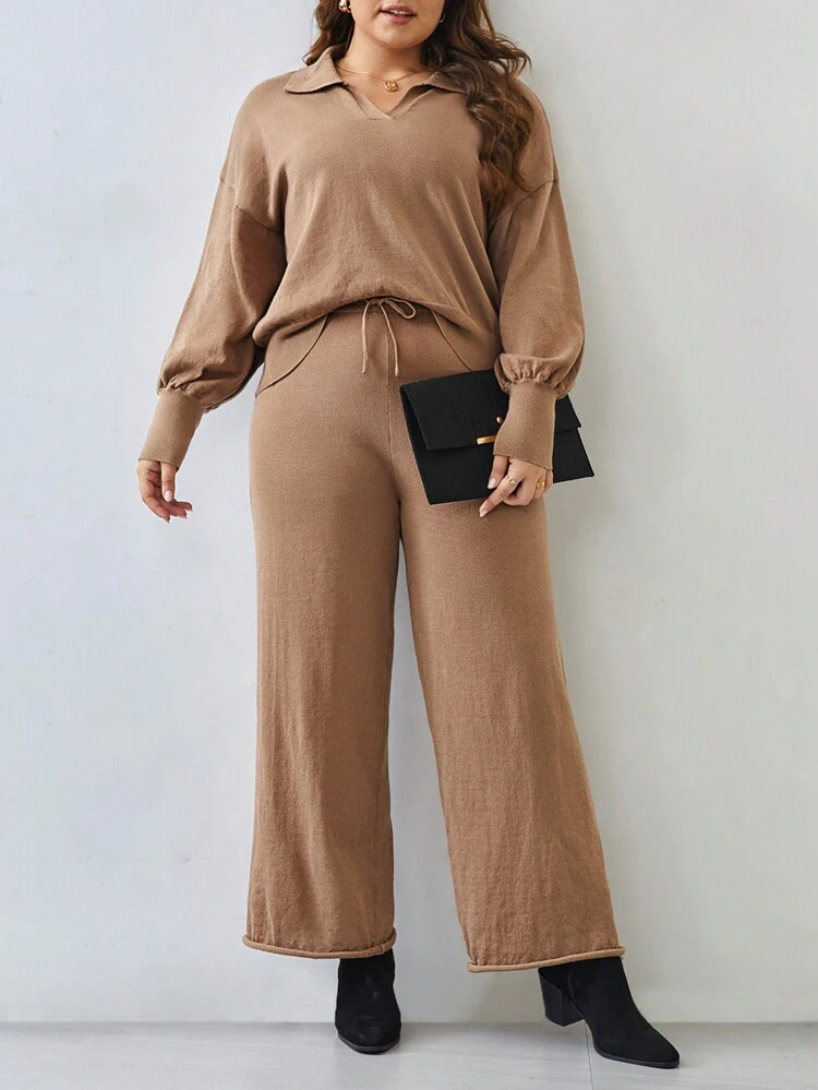 Women'S Plus Size Collared Sweater And Drawstring Knit Pants Set